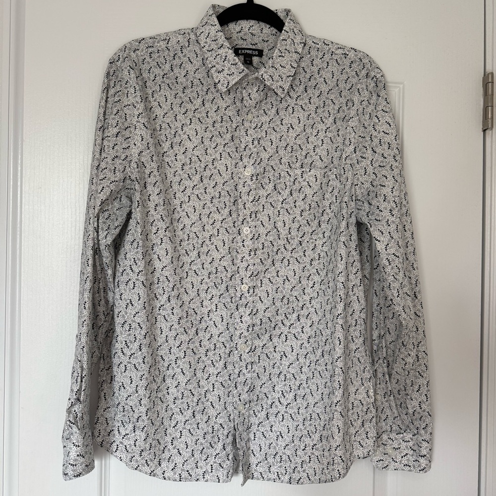 Express Slim Stretch White Long Sleeve Dress Shirt with Black Micro Pattern